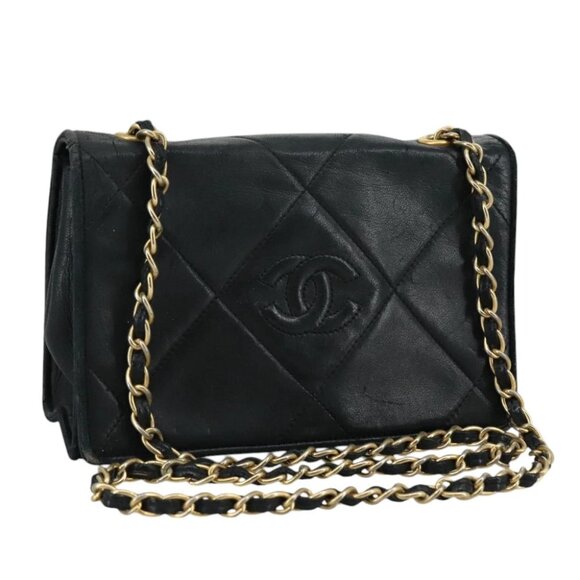 CHANEL Matelasse Chain Shoulder Bag Lamb Skin Black Gold CC - Picture 1 of 15